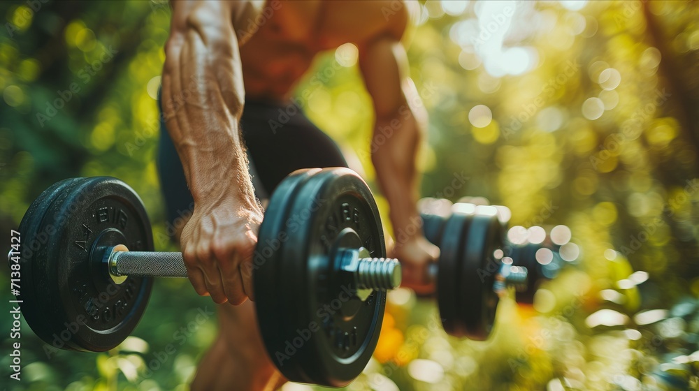 Obraz premium Fitness and Exercise man with weightlifting, workout or outdoor exercise in nature