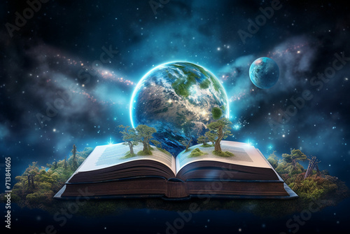 A magical book with earth statured in the sky photo