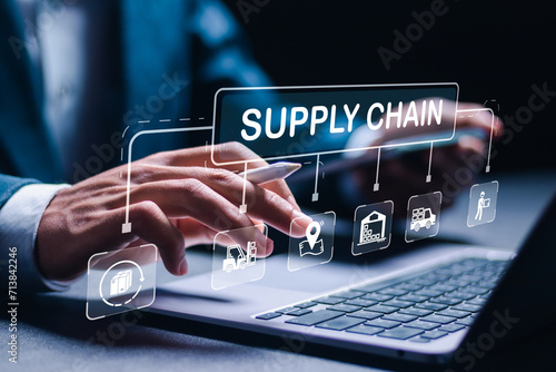 SCM or supply chain management concept, Businessman using laptop with virtual supply chain icon, Logistic and transport, organizing and controlling resources to meet the needs of customers.