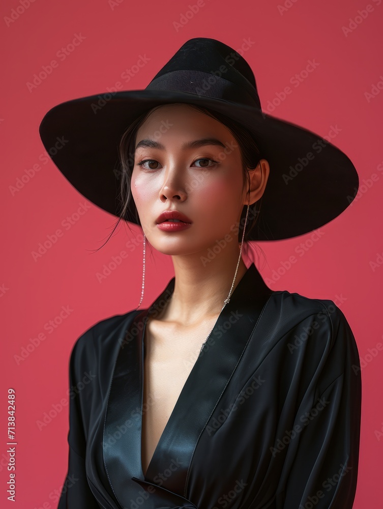 Beautiful Asian woman posing in a black fedora hat and black clothes Beautiful Asian woman posing in a black fedora hat and black clothes
