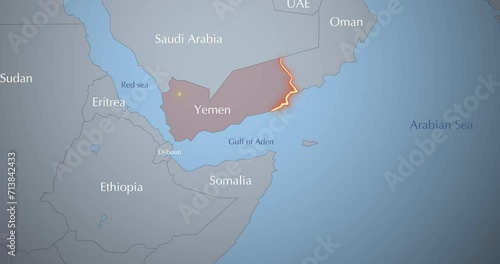 Animation of map Yemen and surrounding countries, conflict in the Red Sea. photo