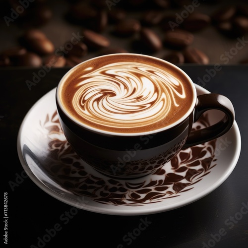 The image shows a cup of cappuccino on a saucer with coffee beans, Ai Generated