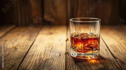 A glass of whiskey with ice cubes on a wooden table, Ai Generated