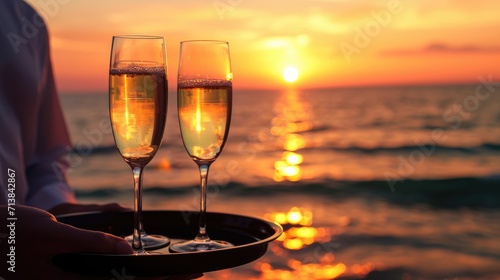 Two champagne glasses on a tray on the beach at sunset, Ai Generated