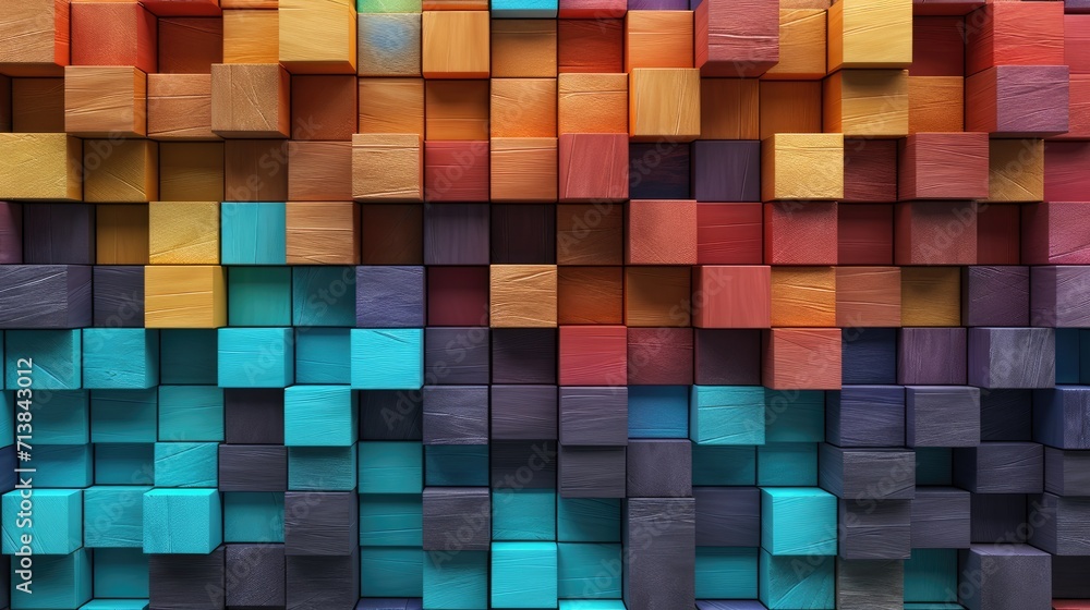 Colorful wooden blocks aligned. Wide format. Hand edited generative, Ai Generated.