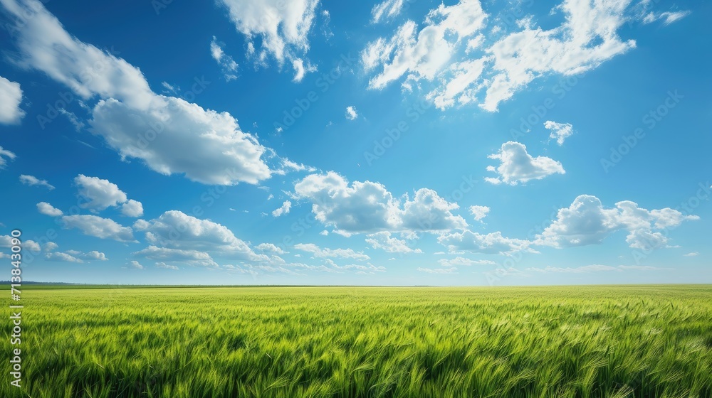 Obraz premium Summer spring fields stretch under a vast blue sky, offering peace, Ai Generated.