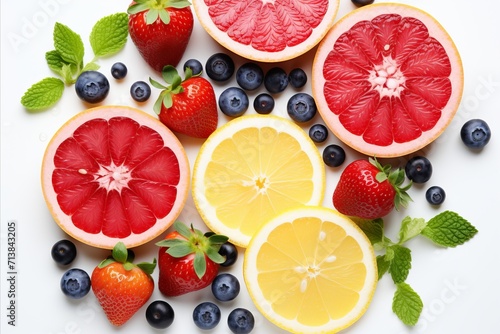 Colorful summer fruit composition. Fresh and healthy eating concept with assorted fruits, top view perspective