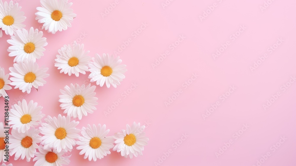 Minimalist design approach. Delicate white daisy chamomile blossoms on a soft pink backdrop. Ideal for creative summer and spring concepts, Ai Generated.