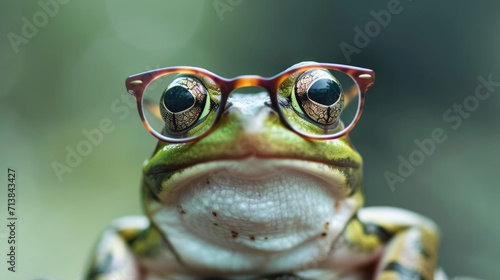 The frog is wearing a pair of round glasses with black frames  Ai Generated