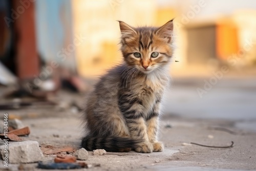 The image shows a small, wet kitten sitting on a wet sidewalk, Ai Generated