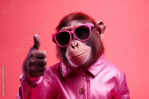 Pink pop monkey. Humoristic and charismatic animal with cool sunglasses. Generate AI © nsit0108