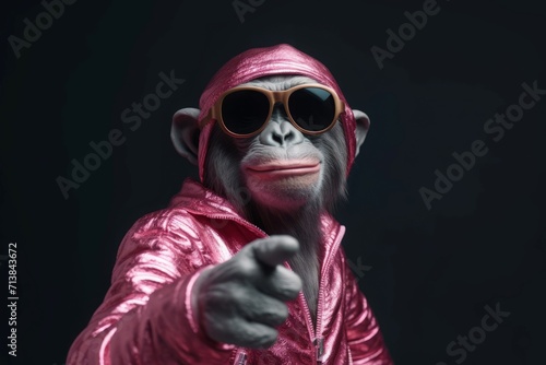 Monkey pink suit. Amusing and interesting chimpanzee smiling costume. Generate AI