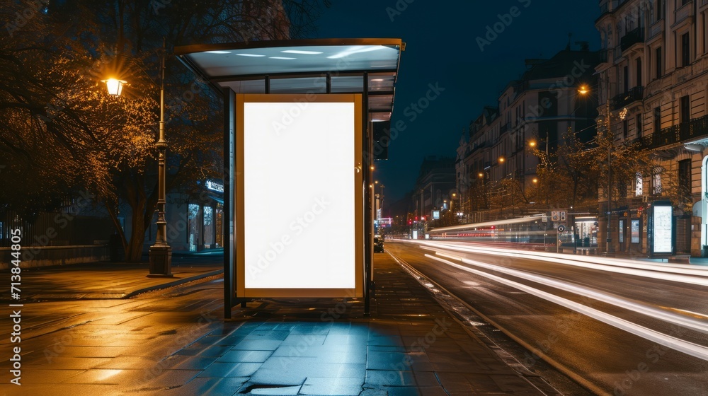 Mockup of a bus shelter to place a sign, at night - obrazy, fototapety, plakaty 