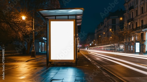 Mockup of a bus shelter to place a sign, at night photo