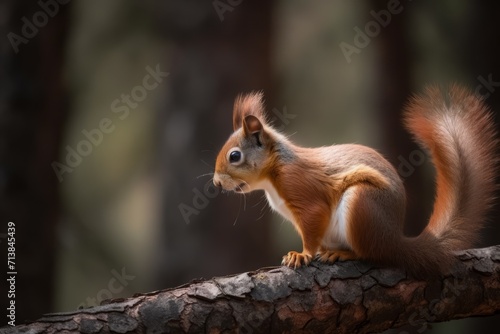 Red squirrel forest. Cute and adorable wild animal with fluffy tail. Generate AI