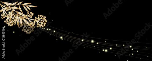 Vector art deco luxury flower, leaves line pattern, golden background. Golden botany banner. Japanese style Hand drawn vector. Line art style design. Hand drawn florals for packaging,coveand wall arts