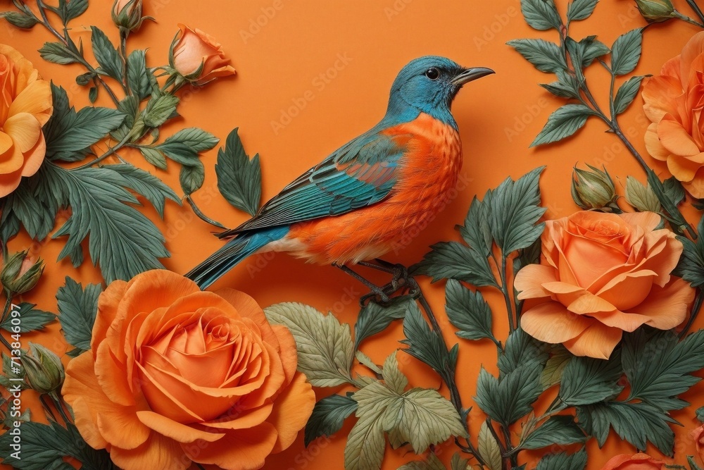 Floral Symphony Generative AI's Bird and Rose Botanical Elegance on Colorful Canvas Floral Symphony Generative AI's Bird and Rose Botanical Elegance on Colorful Canvas