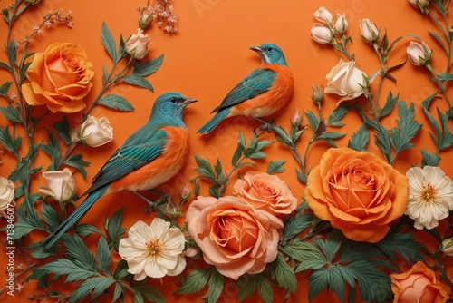 Floral Symphony Generative AI's Bird and Rose Botanical Elegance on Colorful Canvas © Dreamweave