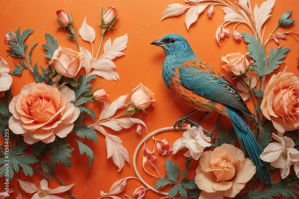 Floral Symphony Generative AI's Bird and Rose Botanical Elegance on Colorful Canvas