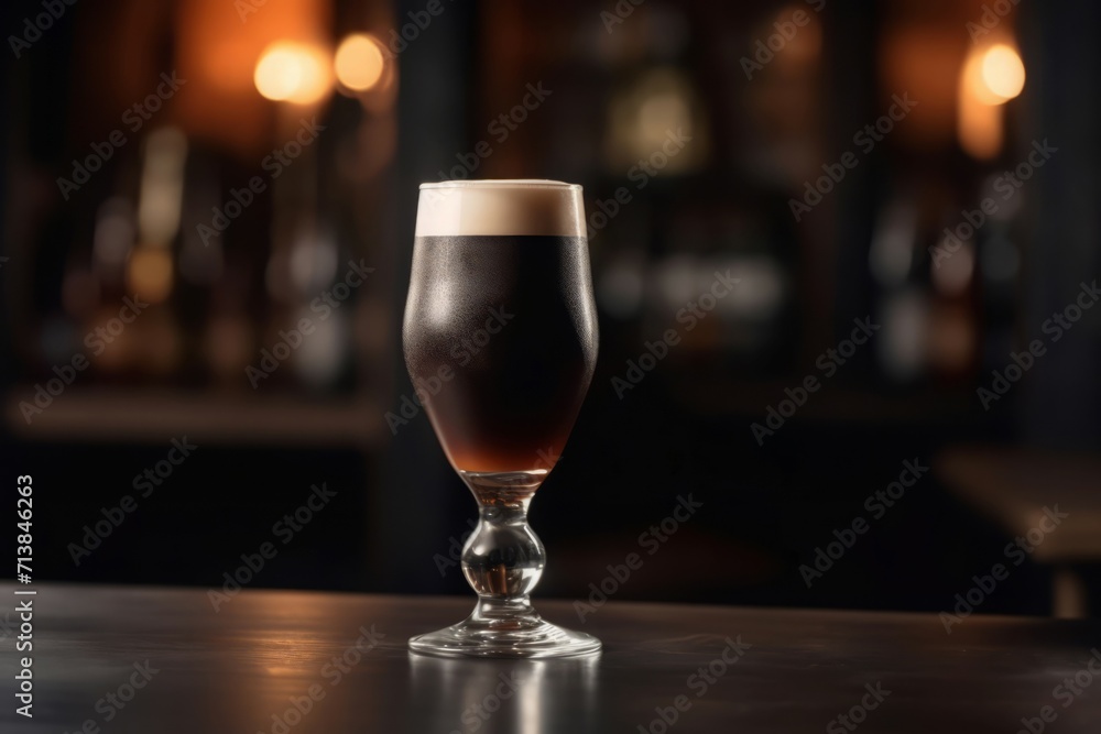 Brown glass beer. Refreshing and cold drink standing dark bar table. Generate AI
