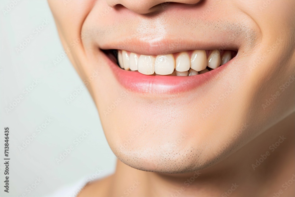 Obraz premium 歯並びの綺麗な笑顔の男性の写真（矯正 ・ 歯列矯正 ・ マウスピース矯正 ・ホワイトニング・ 歯科治療 ）