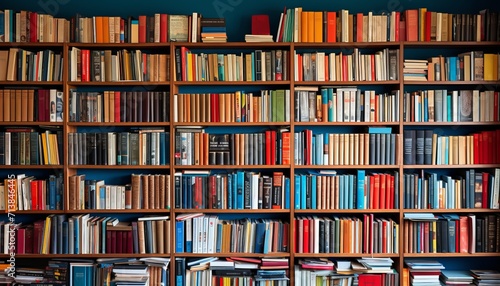 Vibrant bookshelves filled with intellectual knowledge and wisdom for sale photo