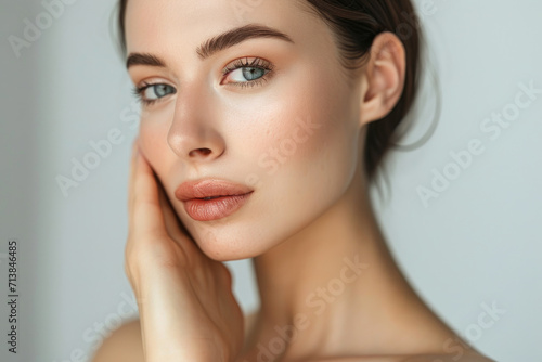 Beauty woman with Clean and Healthy Skin touching her face