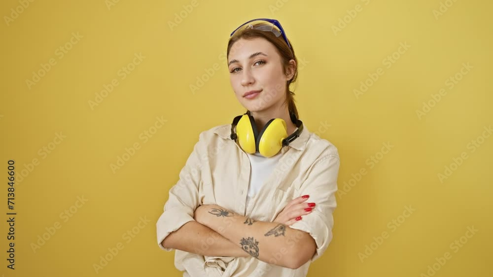 Cool and confident young brunette girl rocking safety glasses and noise reduction headphones, arms crossed, smiling! positive vibes against a bold yellow backdrop. Cool and confident young brunette girl rocking safety glasses and noise reduction headphones, arms crossed, smiling! positive vibes against a bold yellow backdrop.