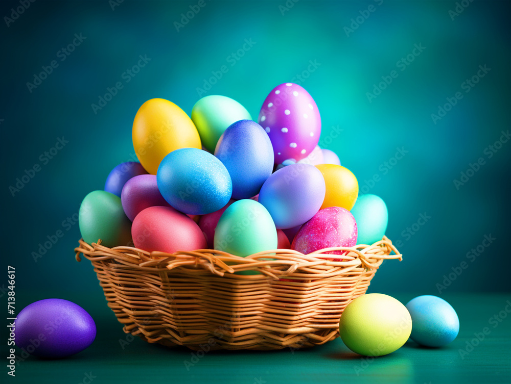 Colorful Easter eggs in a basket - ai generative Colorful Easter eggs in a basket - ai generative