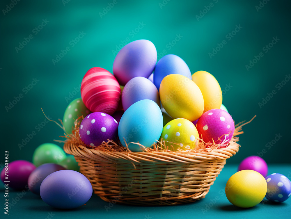 Colorful Easter eggs in a basket - ai generative Colorful Easter eggs in a basket - ai generative