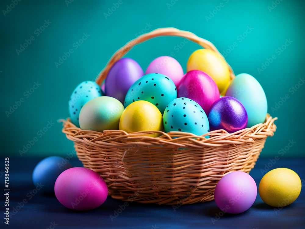 Colorful Easter eggs in a basket - ai generative Colorful Easter eggs in a basket - ai generative