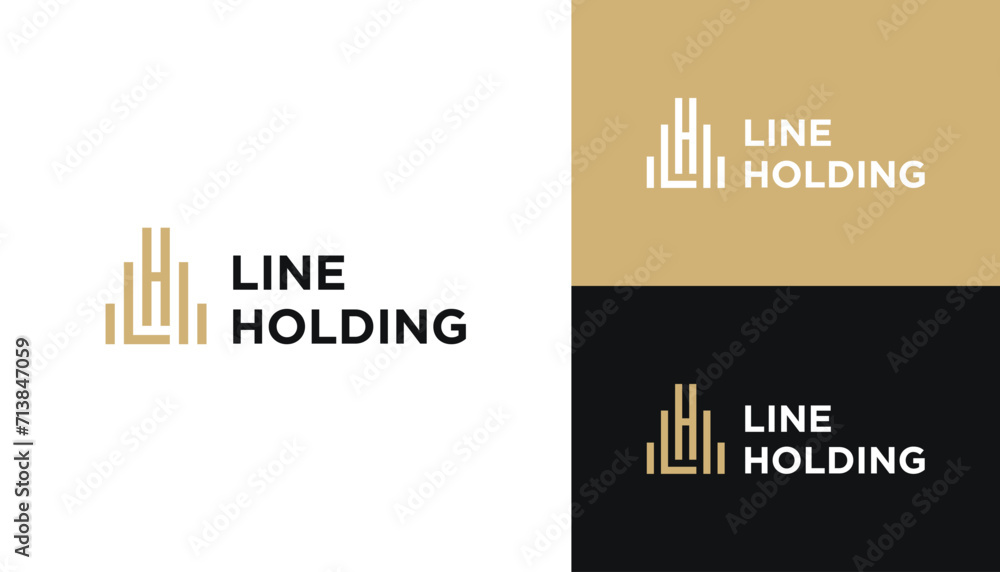 Fototapeta premium Golden Initial Letter LH H L HL with Simple Tall Building Line Art Logo Design