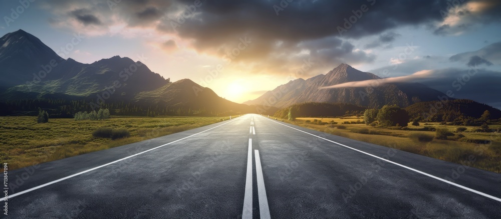 An asphalt country road and fields at sunset, pure golden light, - obrazy, fototapety, plakaty 