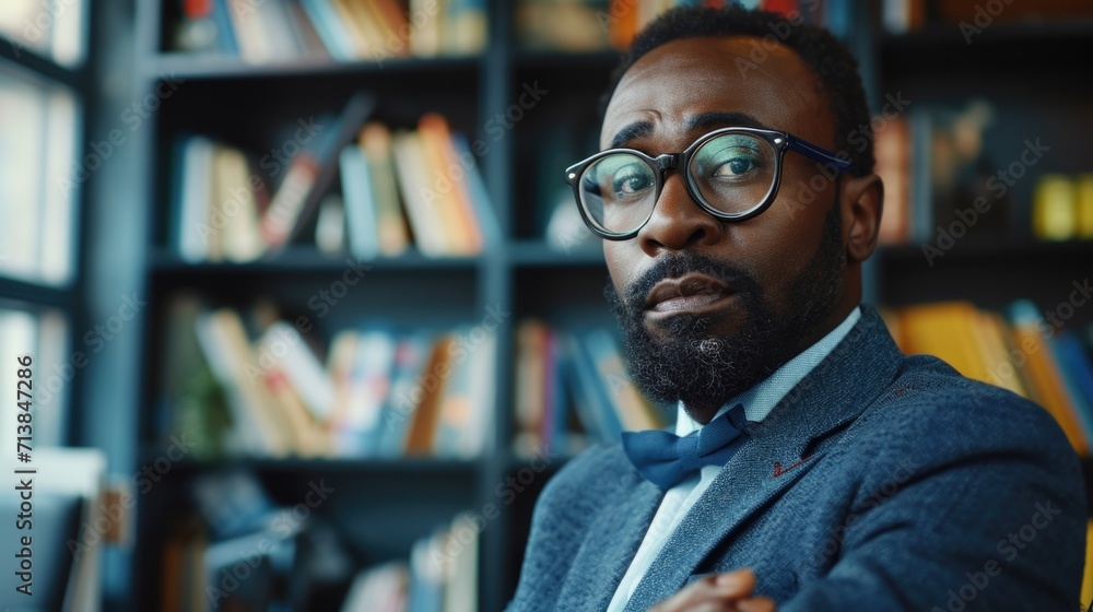 Fototapeta premium Portrait of African American astute political analyst analyzing current events and trends