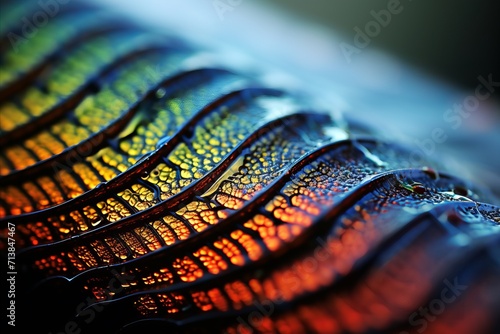 Close up of damselfly s iridescent wing membrane, showcasing intricate veining and shimmering colors