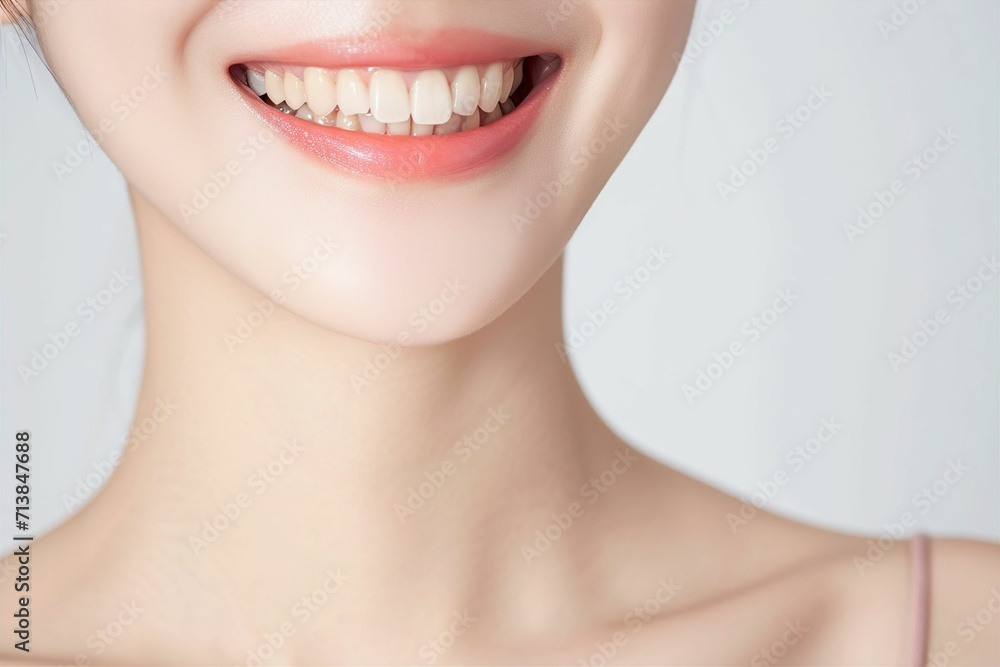 歯並びの綺麗な笑顔の女性の写真（矯正 ・ 歯列矯正 ・ マウスピース矯正 ・ホワイトニング・ 歯科治療 ・リップアートメイク）