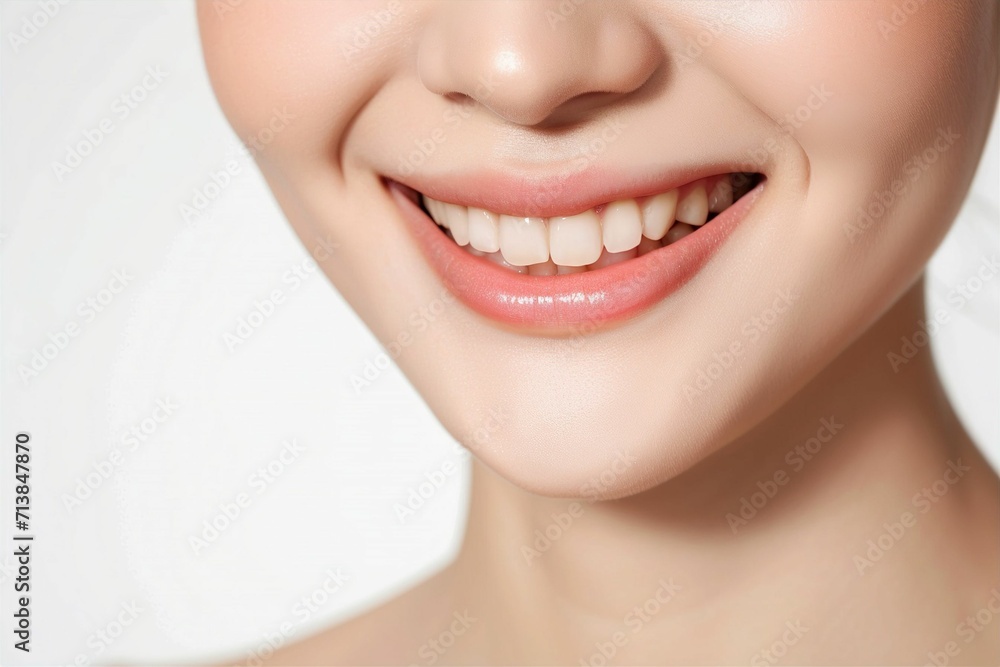 Obraz premium 歯並びの綺麗な笑顔の女性の写真（矯正 ・ 歯列矯正 ・ マウスピース矯正 ・ホワイトニング・ 歯科治療 ・リップアートメイク）