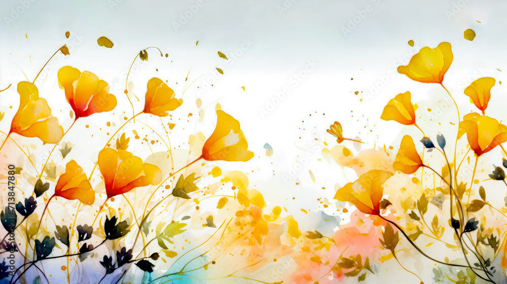 Watercolor painting of yellow flowers on white background with splash of paint.