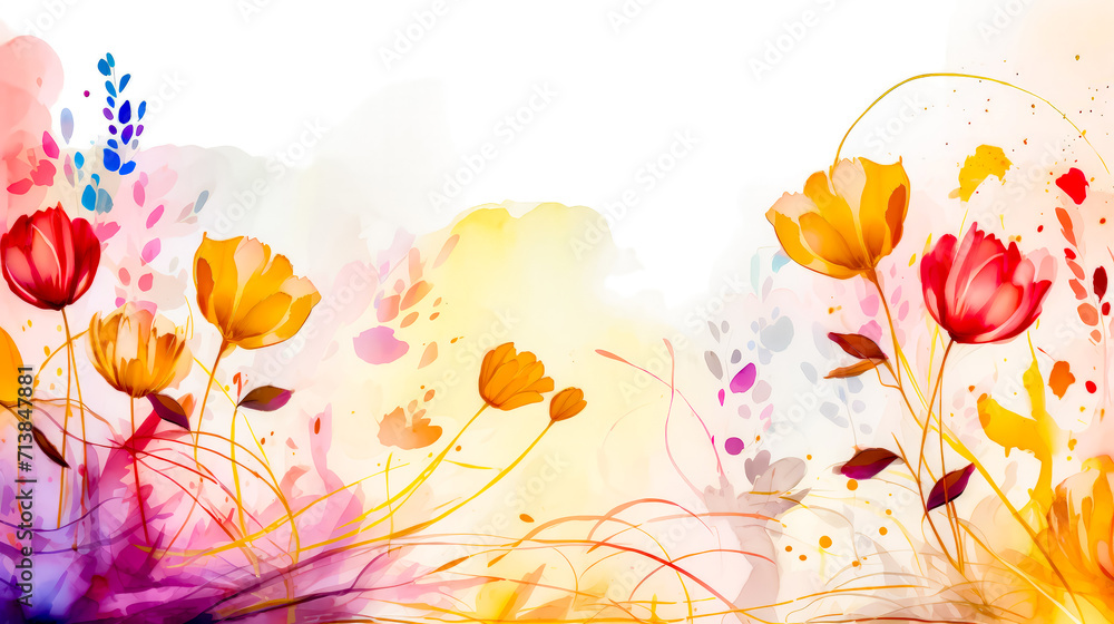 Abstract floral background with orange and pink flowers and leaves on white background.