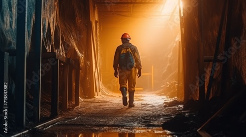 Male worker walking in Miner underground at a copper. Middle aged male worker walking away from the camera down a long mine shaft with diminishing perspective. photo