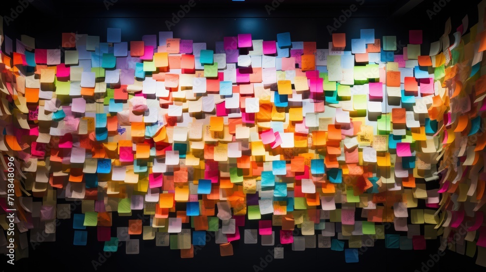 A thoughtfully composed image capturing a wall covered in vibrant post-it notes, styled as a diorama