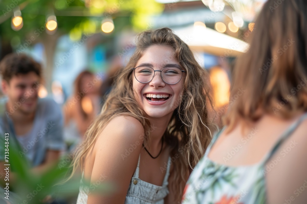 Joyful young woman laughing with friends at a casual outdoor gathering.