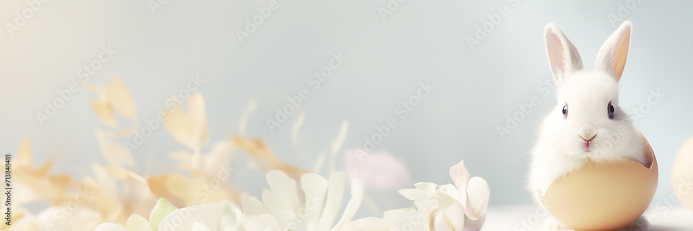 Obraz premium Cute easter rabbit nestled in an egg amidst apastel petals background. Festive Easter banner with copy space