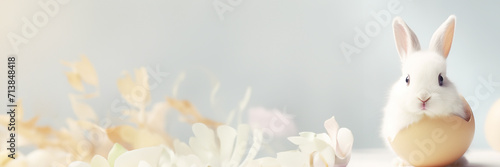 Cute easter rabbit nestled in an egg amidst apastel petals background. Festive Easter banner with copy space © vasanty