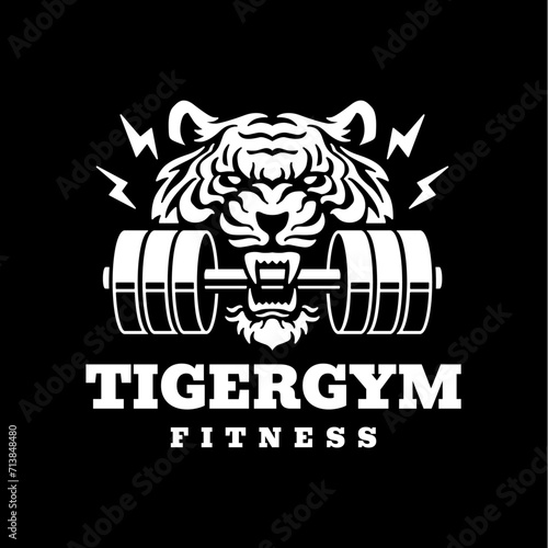 tiger gym fitness mouth dumbbell logo vector icon illustration