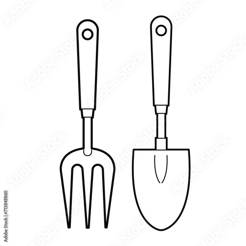 Garden shovel and loosening fork. Garden tool and equipment. Design element. Outline illustration Isolated on white background.