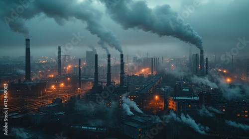 An industrial cityscape at twilight, factories with smokestacks, gritty streets, moody atmosphere.