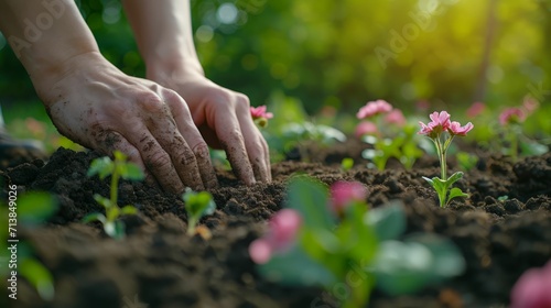 Close-up of a gardener's hands. Planting flowers, soil and petals. photo