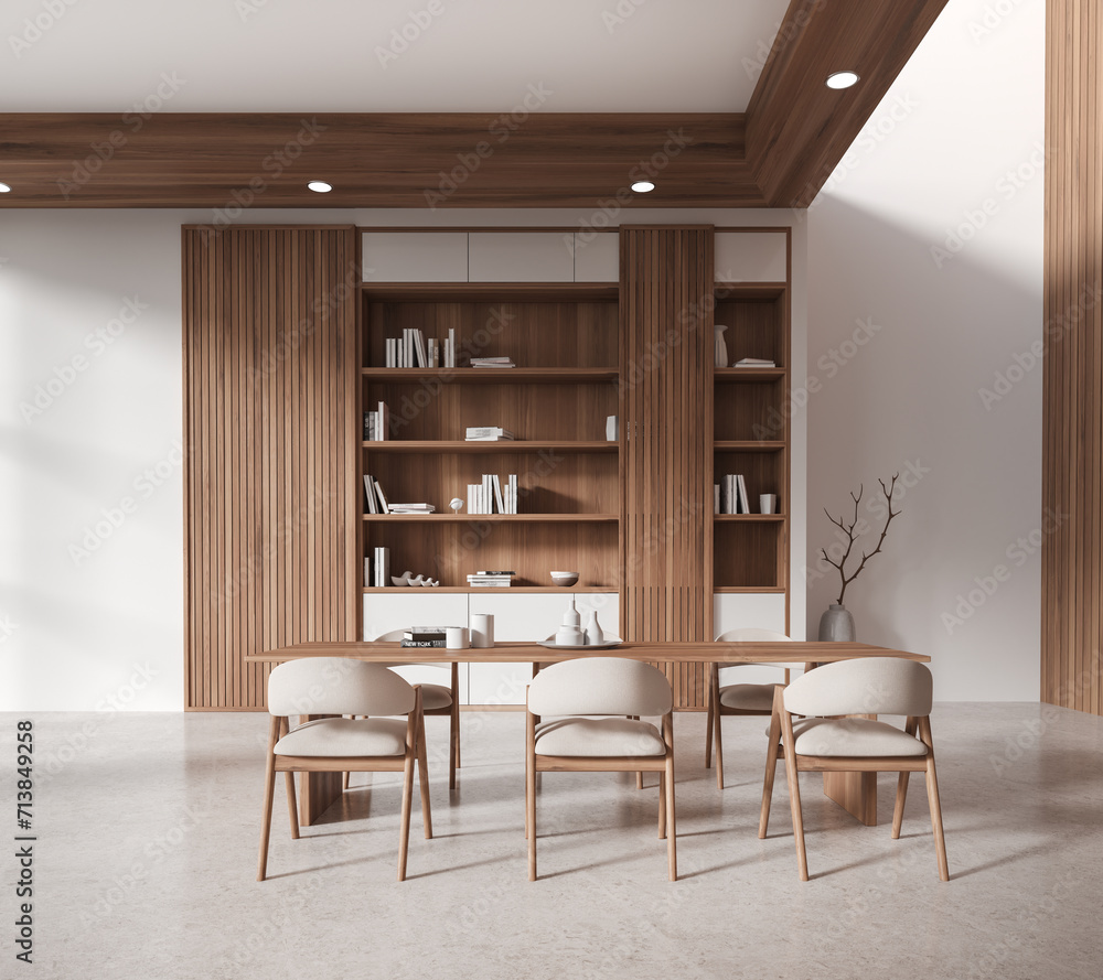 Modern home living room interior with table and seats, shelf with decoration Modern home living room interior with table and seats, shelf with decoration