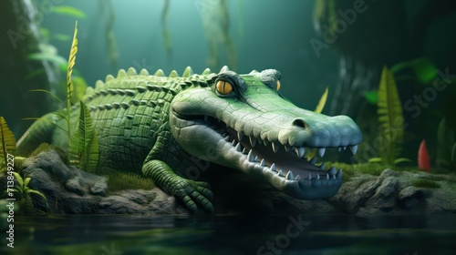 green crocodile swimming in the sea